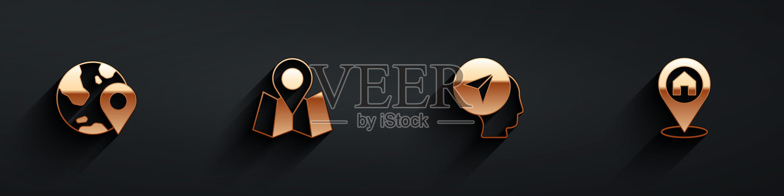 地球仪上的位置设置，折叠地图与位置标记，带长阴影的人类和房屋图标。矢量图。插画图片素材