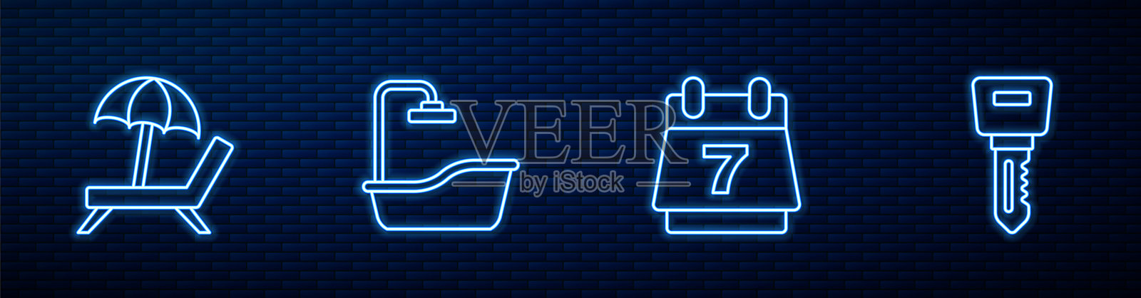 酒店预订日历，带伞的日光浴床，浴缸和门锁钥匙。砖墙上的发光霓虹图标。矢量图。插画图片素材