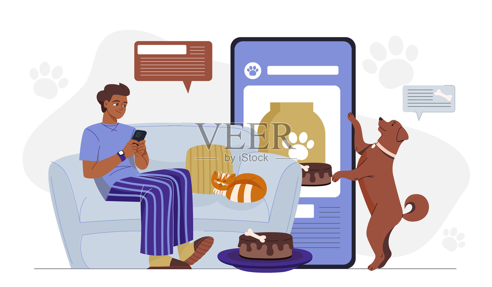 在线宠物服务。男子使用智能手机在网上为他的狗购买食物。网上购物与送货上门。无现金转账和交易。扁平化矢量插图。插画图片素材