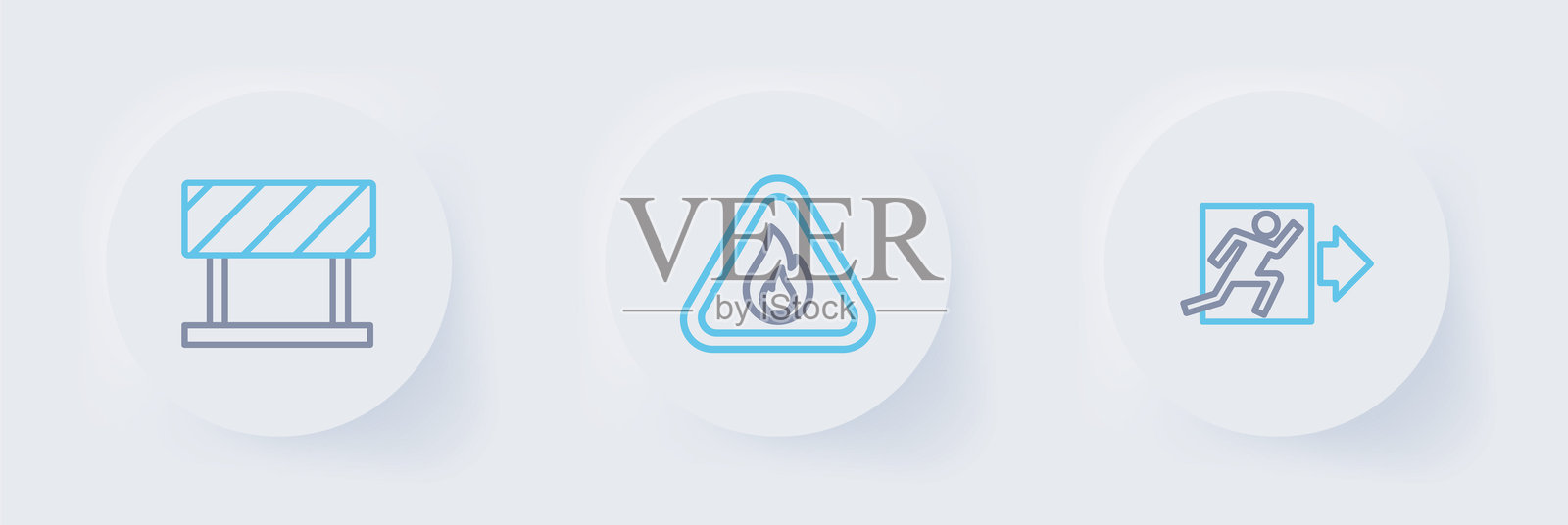 火灾出口标志、三角形火焰和道路障碍物图标。矢量图。插画图片素材