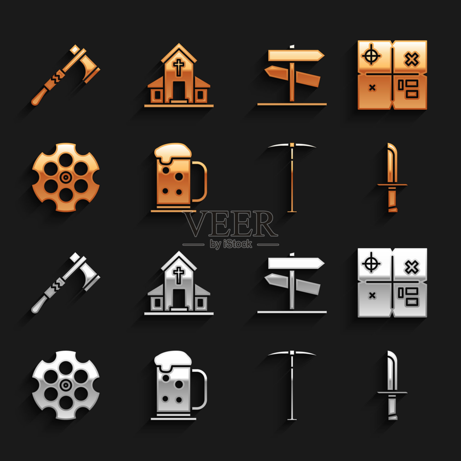 木制啤酒杯、藏宝图、军用刀、镐、左轮手枪弹巢、道路交通标志、战斧和教堂建筑图标。矢量图插画图片素材