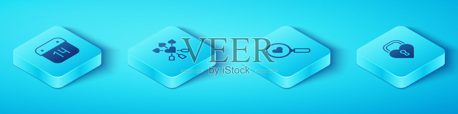 等距日历，包含2月14日、爱心与箭、城堡形状和搜索爱心图标。矢量图。插画图片素材