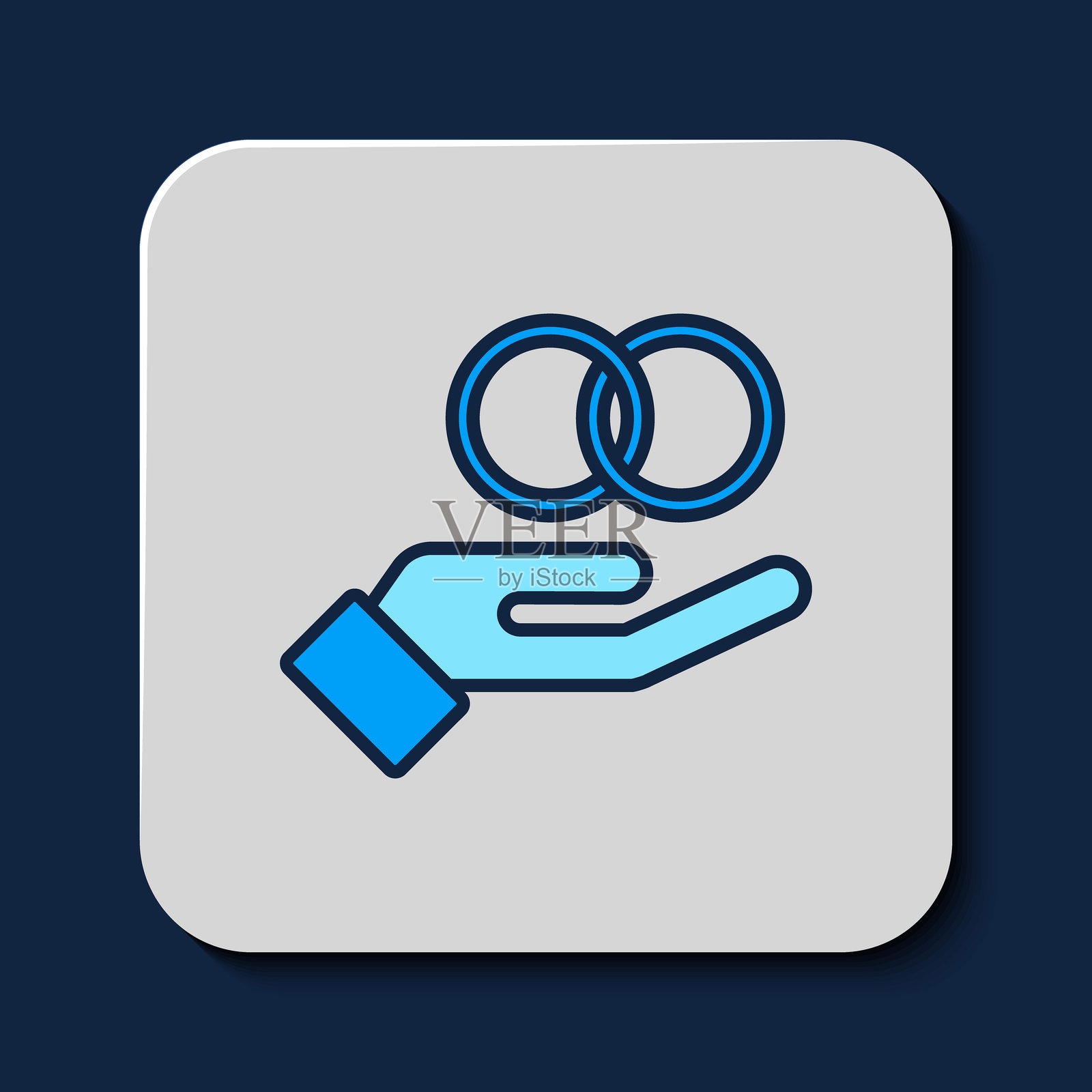 填充轮廓的婚戒图标，背景为蓝色。新娘和新郎的珠宝标志。婚姻象征。钻石戒指。矢量图。插画图片素材