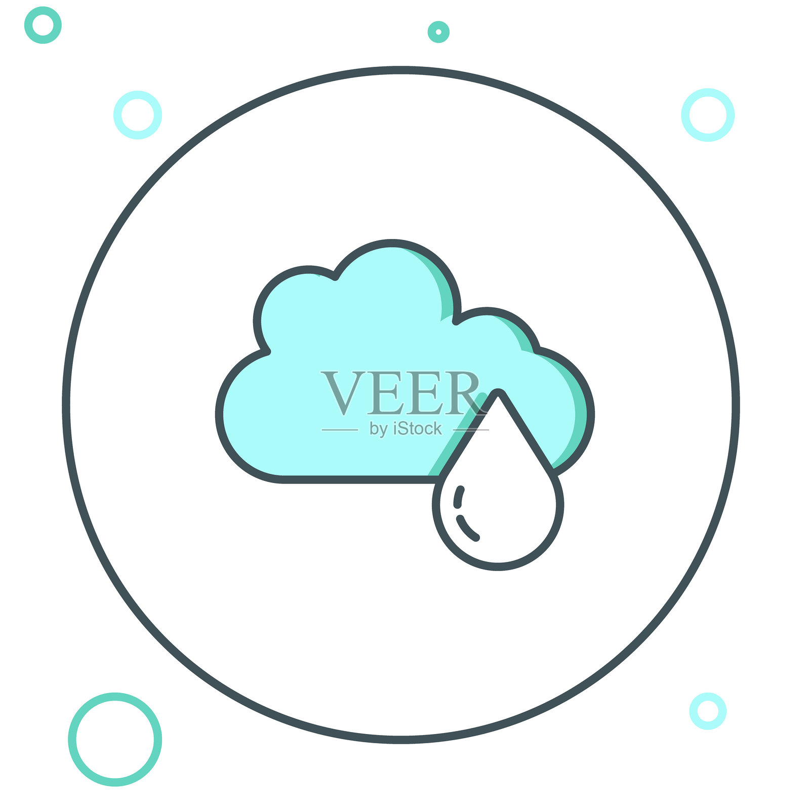 带雨的云朵图标，孤立在白色背景上。雨云降水与雨滴。彩色轮廓概念。矢量图。插画图片素材