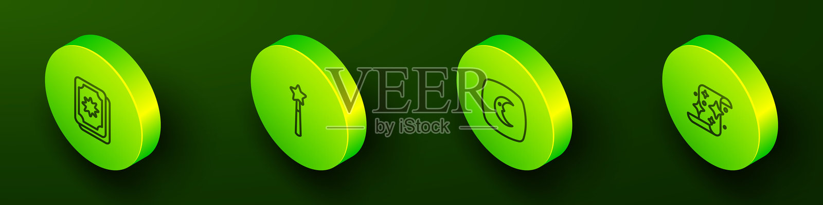 等距线塔罗牌、魔法棒、月亮星星和卷轴图标。矢量图。插画图片素材