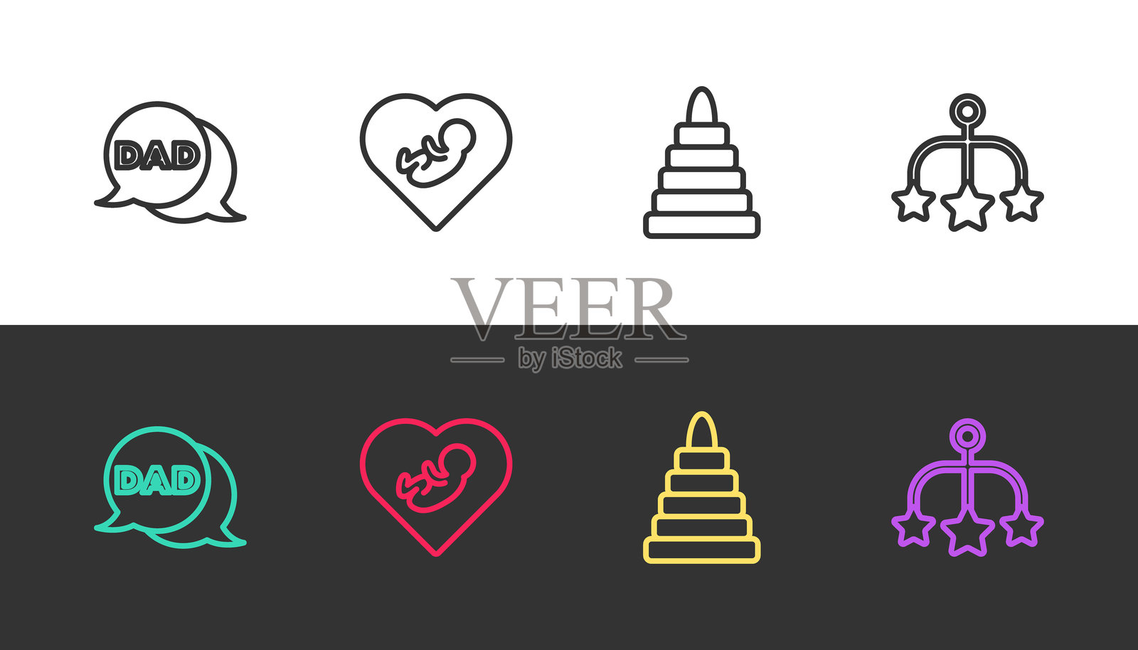 黑白色的线条图：演讲气泡、爸爸、心形中的宝宝、金字塔玩具和悬挂在婴儿床上的玩具。矢量图。插画图片素材