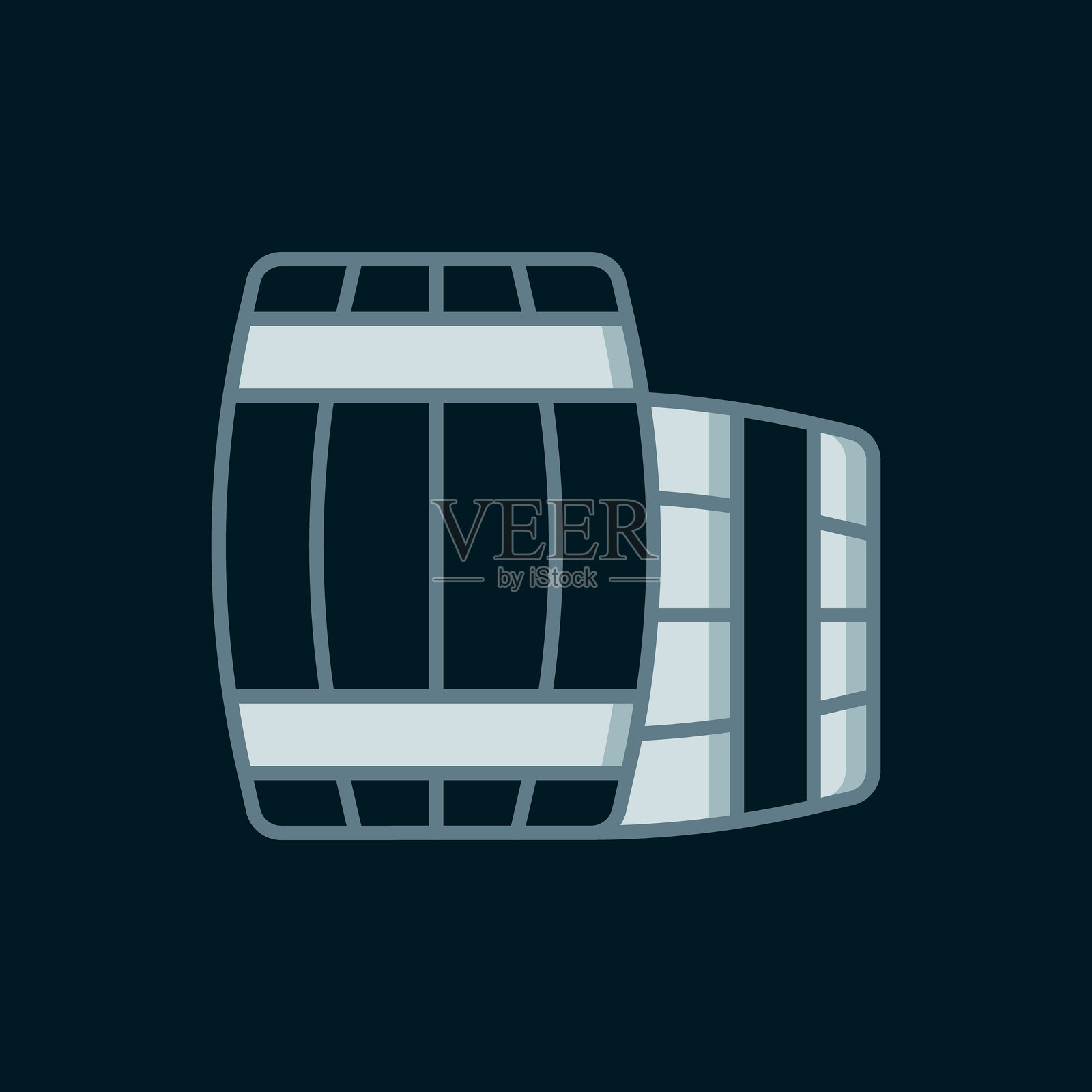 木制酒桶图标，背景为黑色。酒精桶，饮料容器，啤酒、威士忌、葡萄酒用的木桶。扁平填充轮廓风格，带阴影。矢量图。插画图片素材