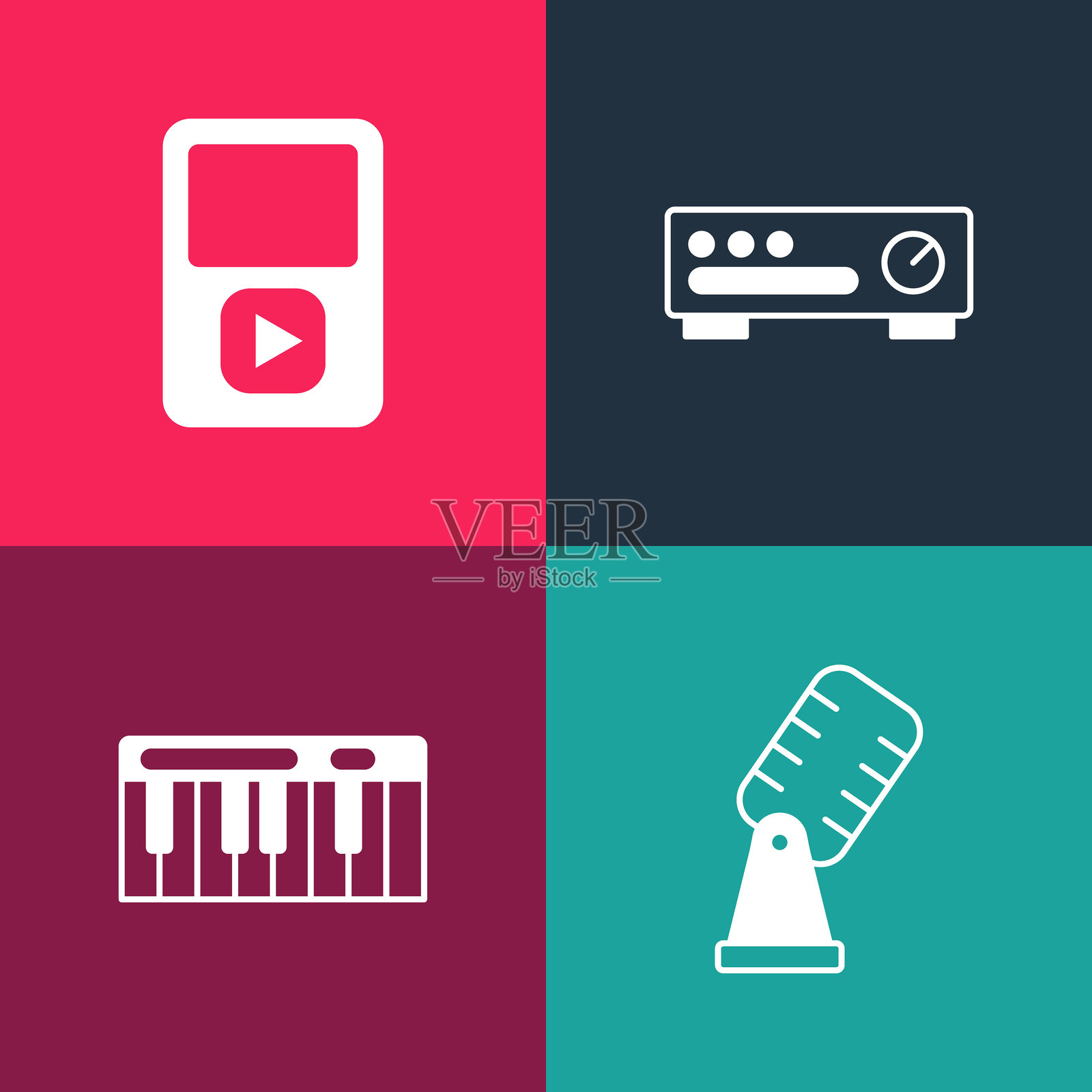 波普艺术麦克风、音乐合成器、声音混音器控制器和播放器图标。矢量图。插画图片素材