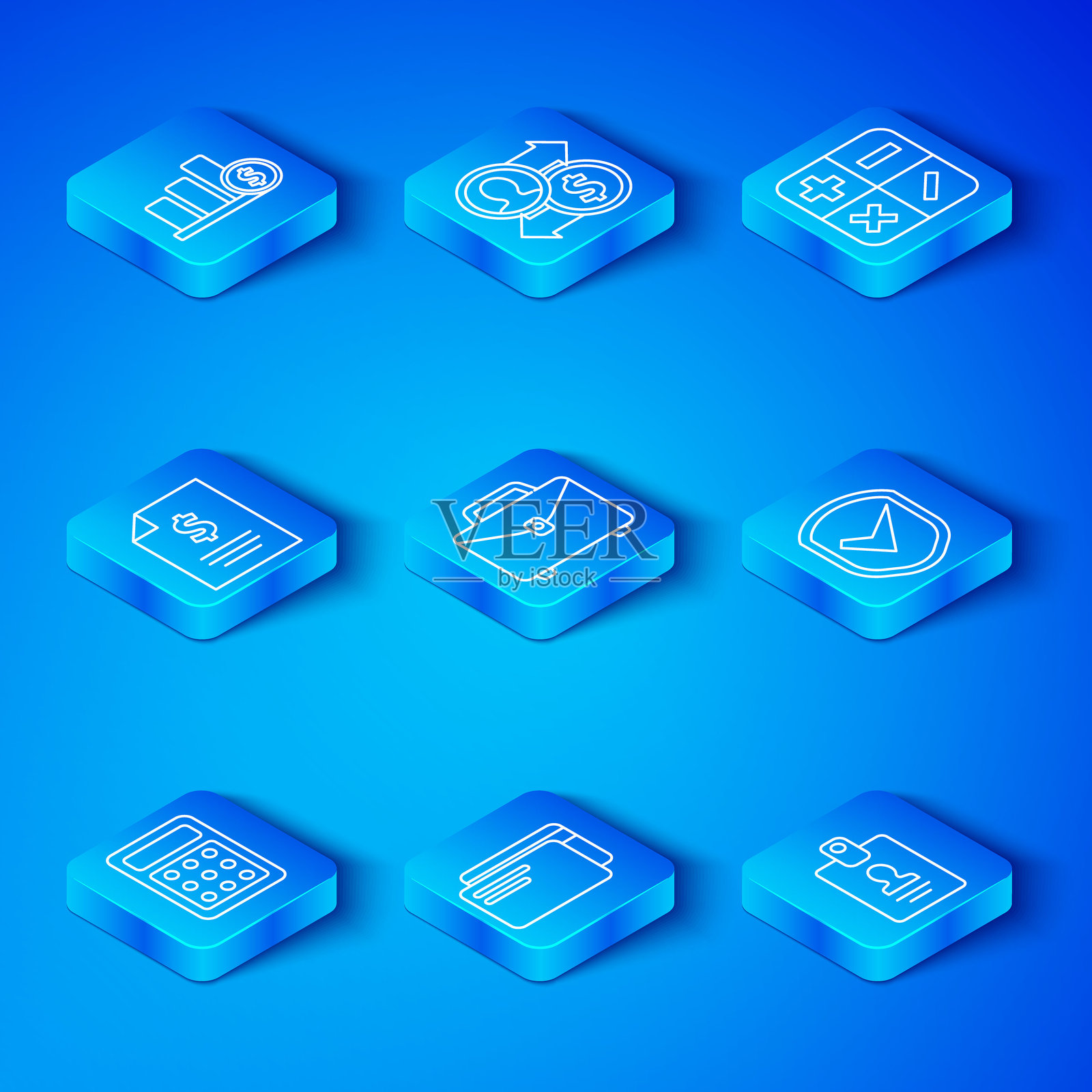 计算器、手提箱、信用卡、带勾的盾牌、合同与金钱、饼图信息图和美元与身份证徽章图标。矢量图。插画图片素材