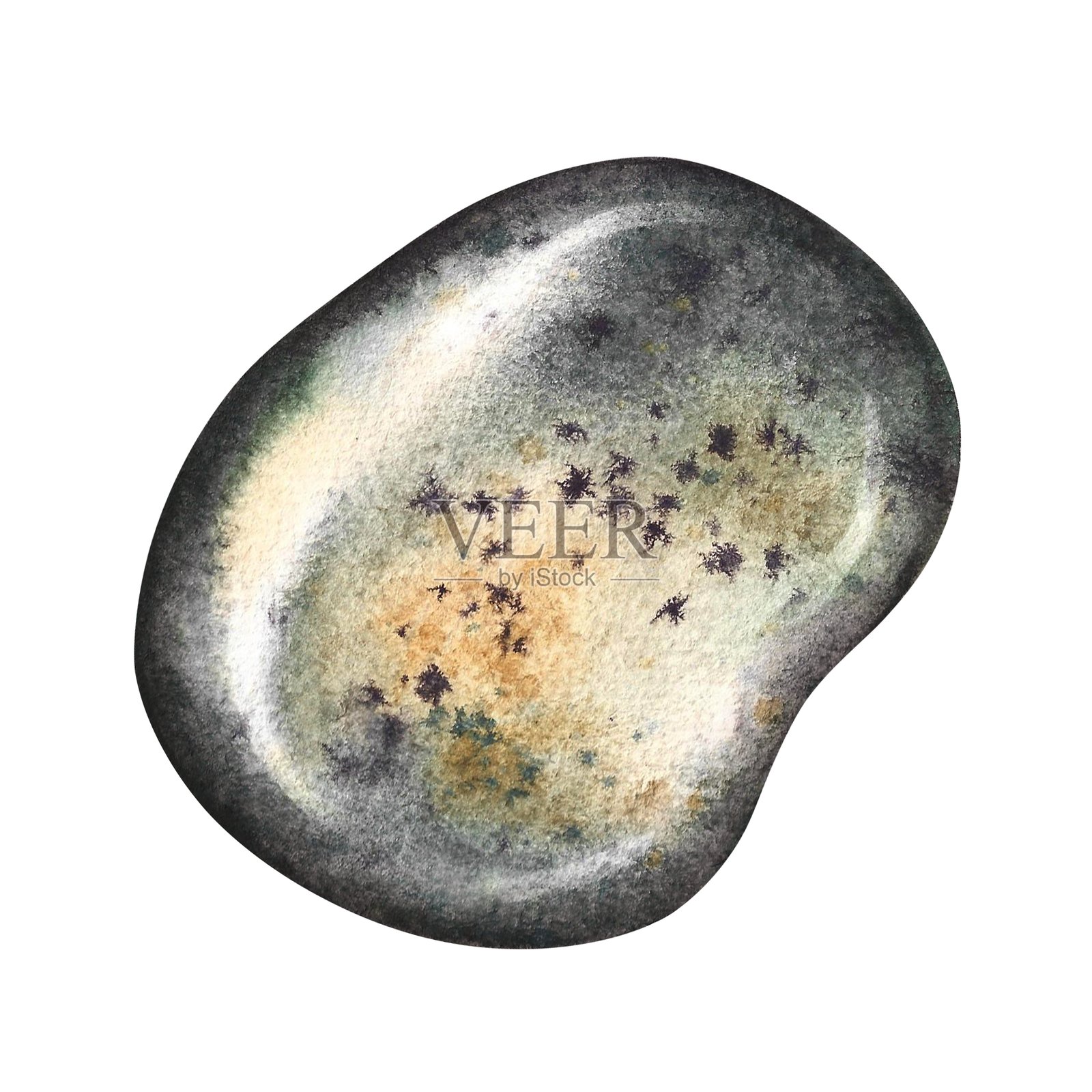 一块光滑的、有斑点的海石。手绘水彩插图。海滩元素的彩色图像。与背景分离。非常适合用于包装、标签、明信片、邀请函等。插画图片素材