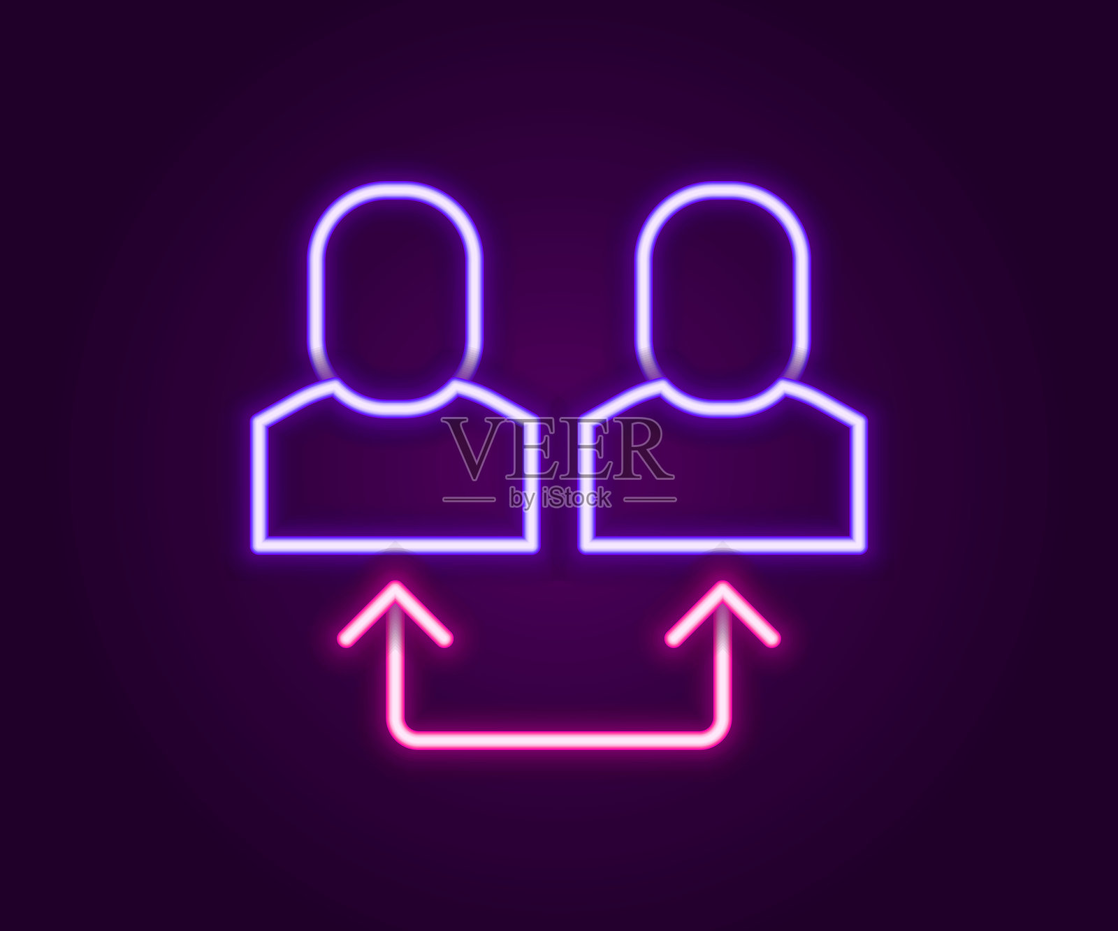 发光的霓虹线条交换工作图标，背景为黑色。人与人之间的信息交流。员工或人员替换或调换职位的概念。彩色轮廓概念。矢量图。插画图片素材