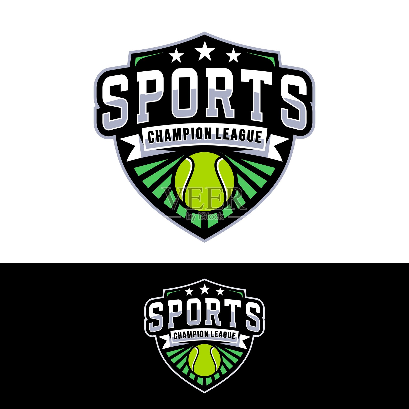 徽章标志，羽毛球俱乐部logo设计，黑色背景上的球拍和球的矢量图插画图片素材