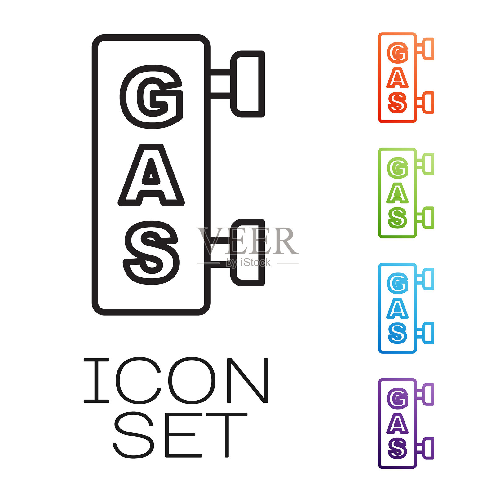 黑色线条的加油站图标，背景为白色。与运输相关的服务建筑，汽油和油站。彩色图标集合。插画图片素材