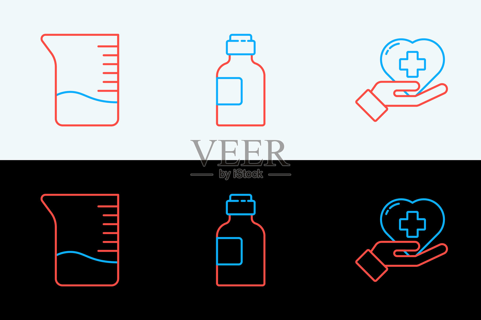 心形线条与十字架、量杯和药水瓶图标。矢量图。插画图片素材