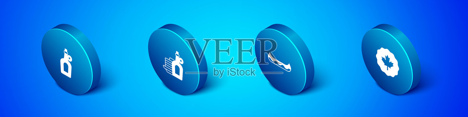 等距瓶装枫糖浆、皮划艇、加拿大枫叶和与煎饼搭配的糖浆图标。矢量图。插画图片素材