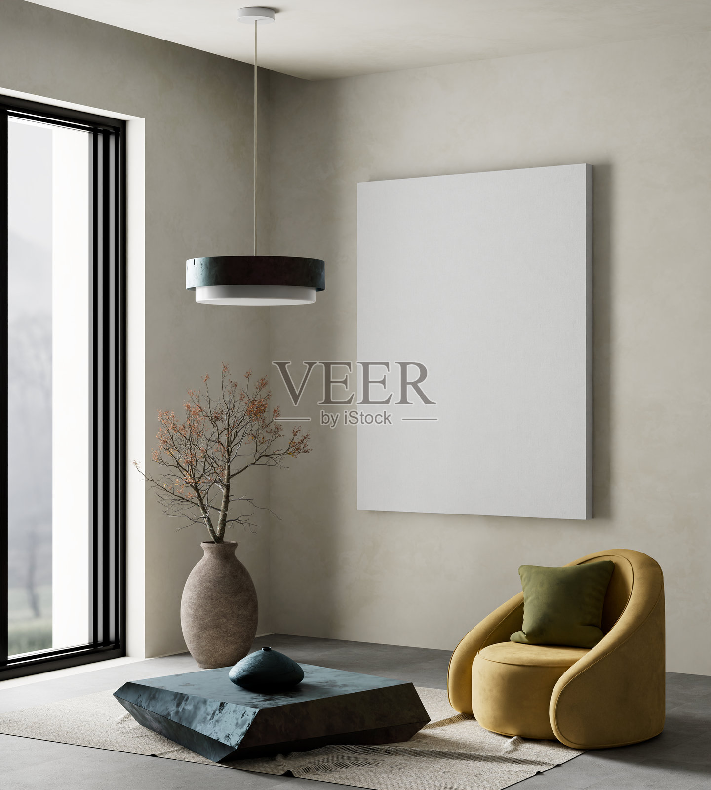 现代家具的客厅室内效果图。现代室内设计的海报框效果图。3D插图。照片摄影图片