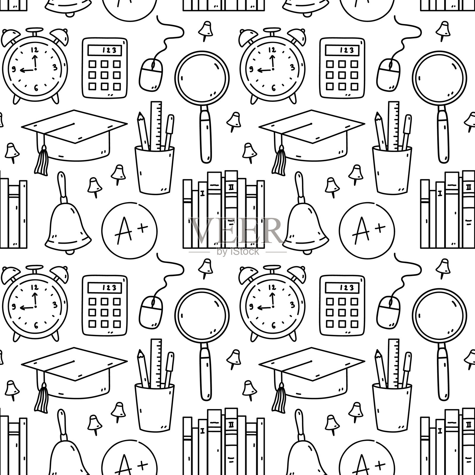 无缝图案包含学校用品 - 教科书、放大镜、计算器、闹钟、学校铃、图钉。矢量手绘涂鸦插图。非常适合印刷、壁纸和装饰。插画图片素材
