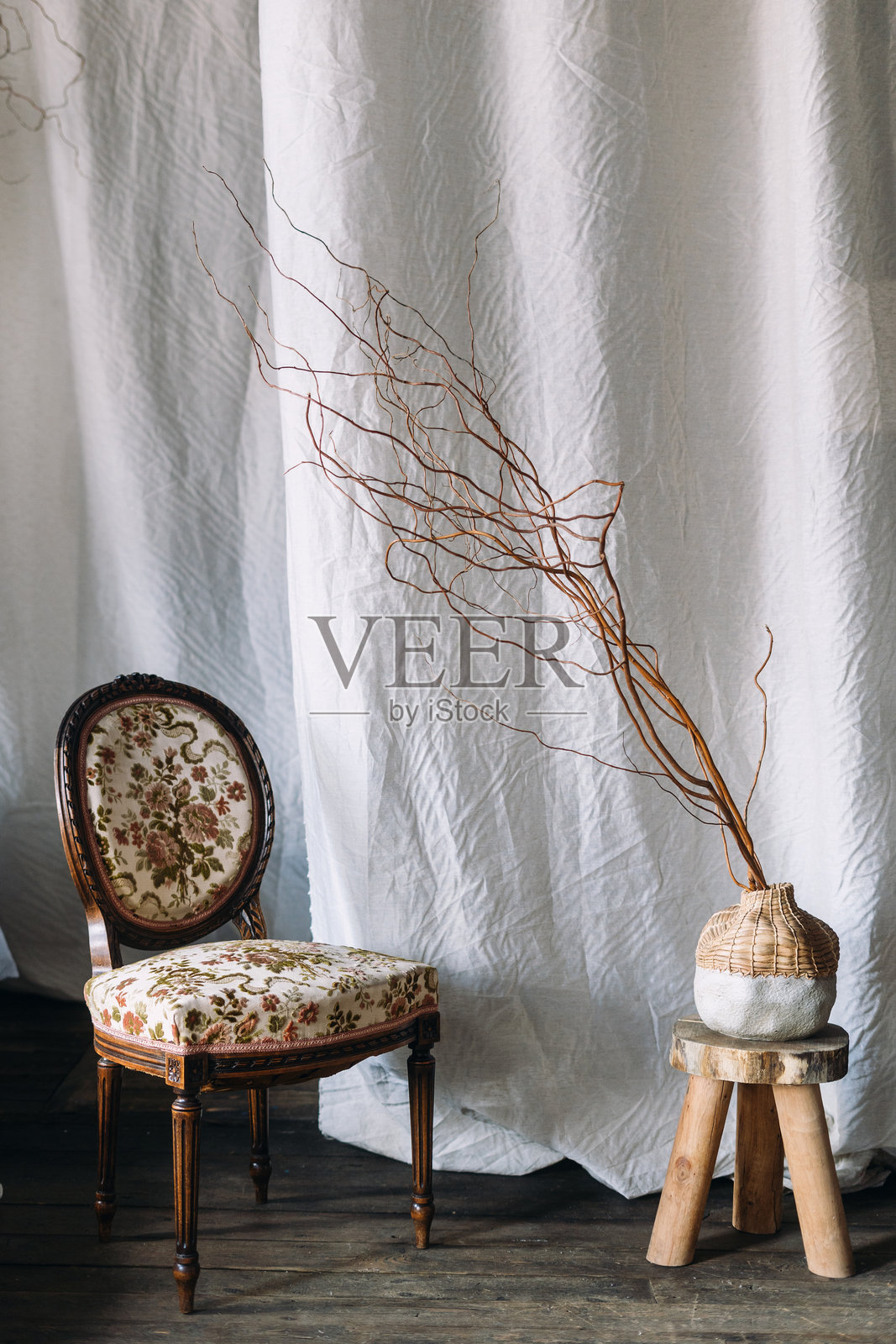 优雅的复古椅子与装饰性树枝，置于舒适的居住空间中照片摄影图片