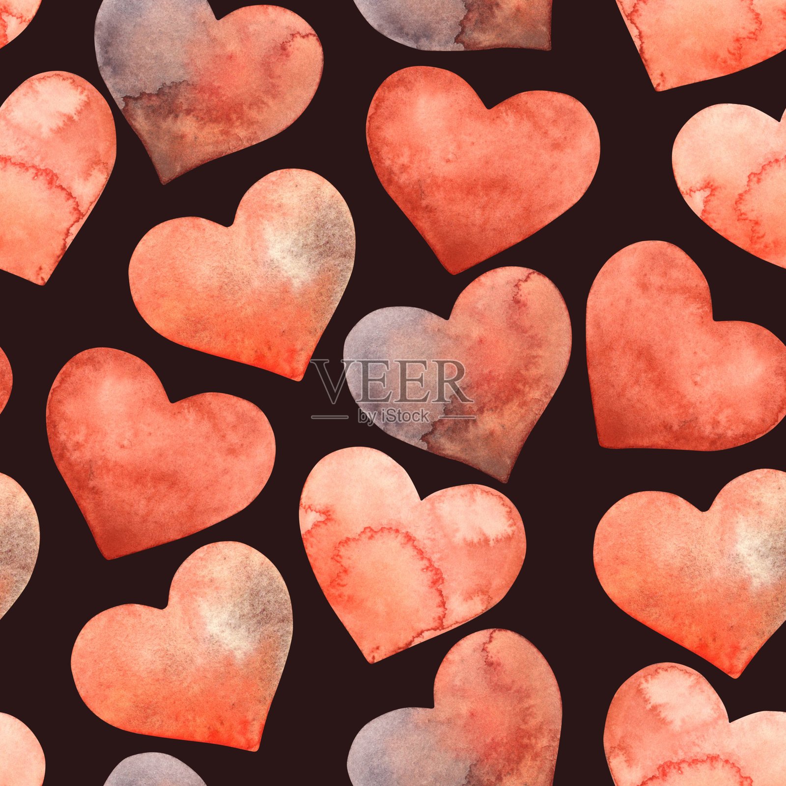 红色和粉色的水彩心形图案。无缝图案手绘在深红色背景上。适合不同的节日、婚礼、情人节、生日和周年纪念，适用于纺织品和包装。插画图片素材