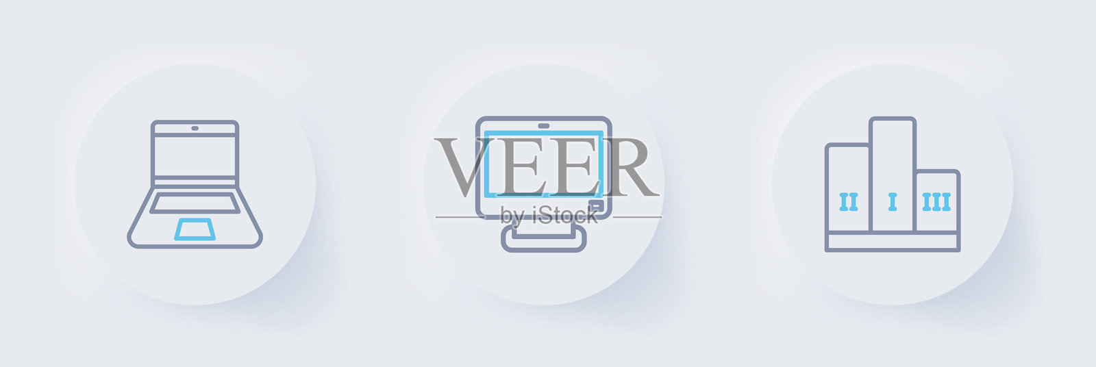 设置线条奖项在获奖者领奖台上，计算机显示器和笔记本电脑图标。矢量图。插画图片素材