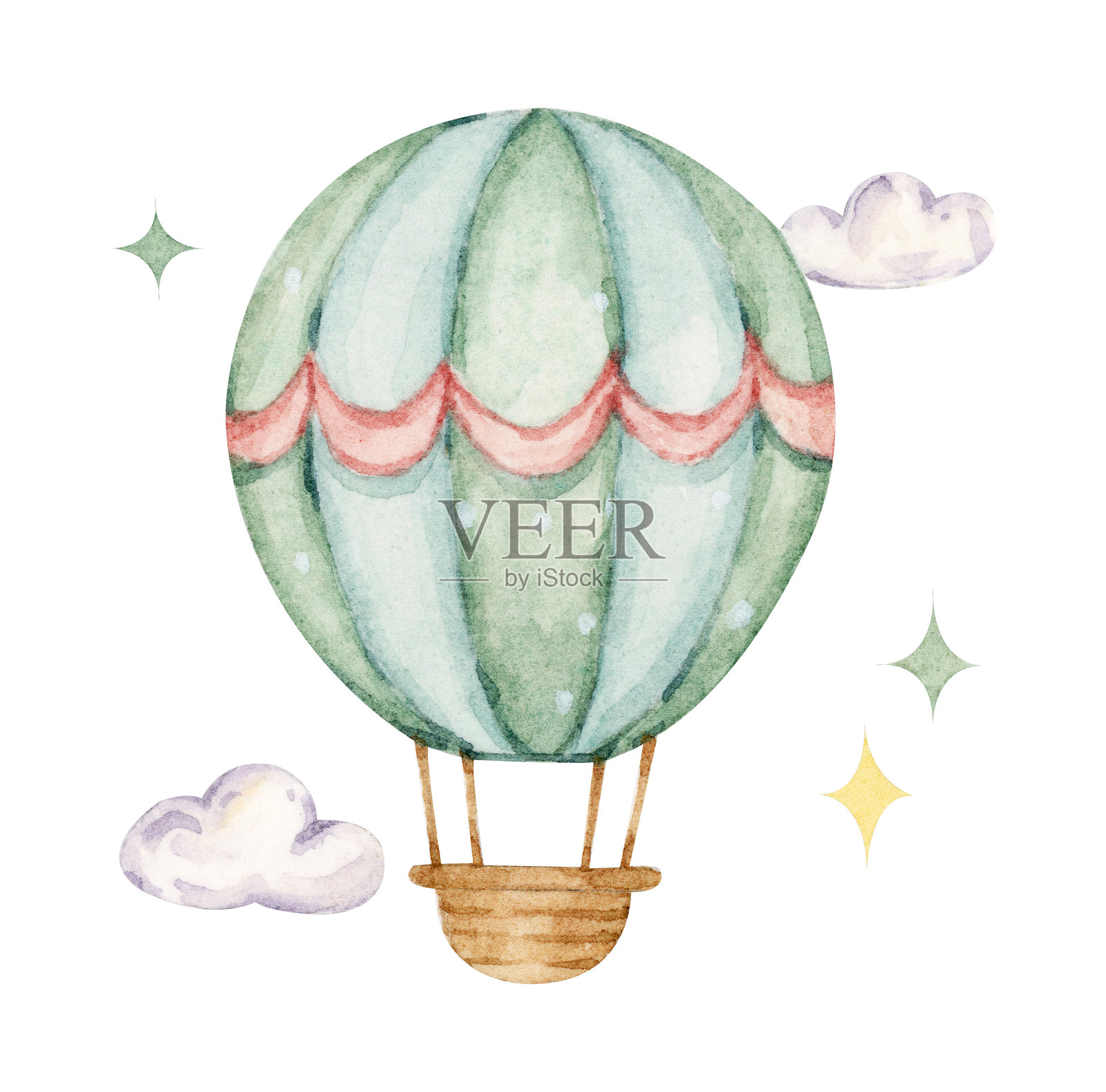 蓝绿色热气球的水彩插图插画图片素材