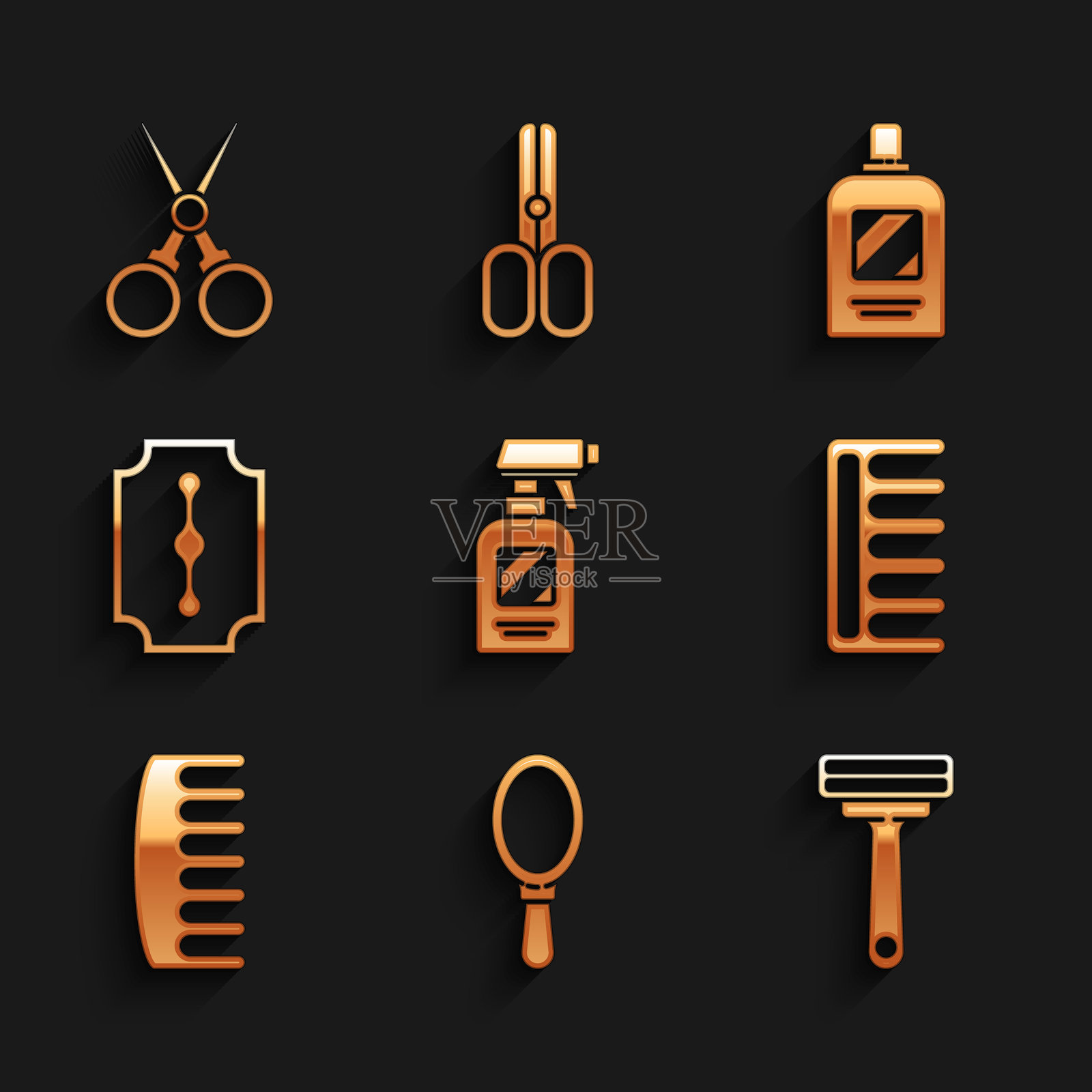 美发师工具图标：喷雾瓶、手镜、剃须刀、发刷、刀片、洗发水瓶和剪刀。矢量图。插画图片素材