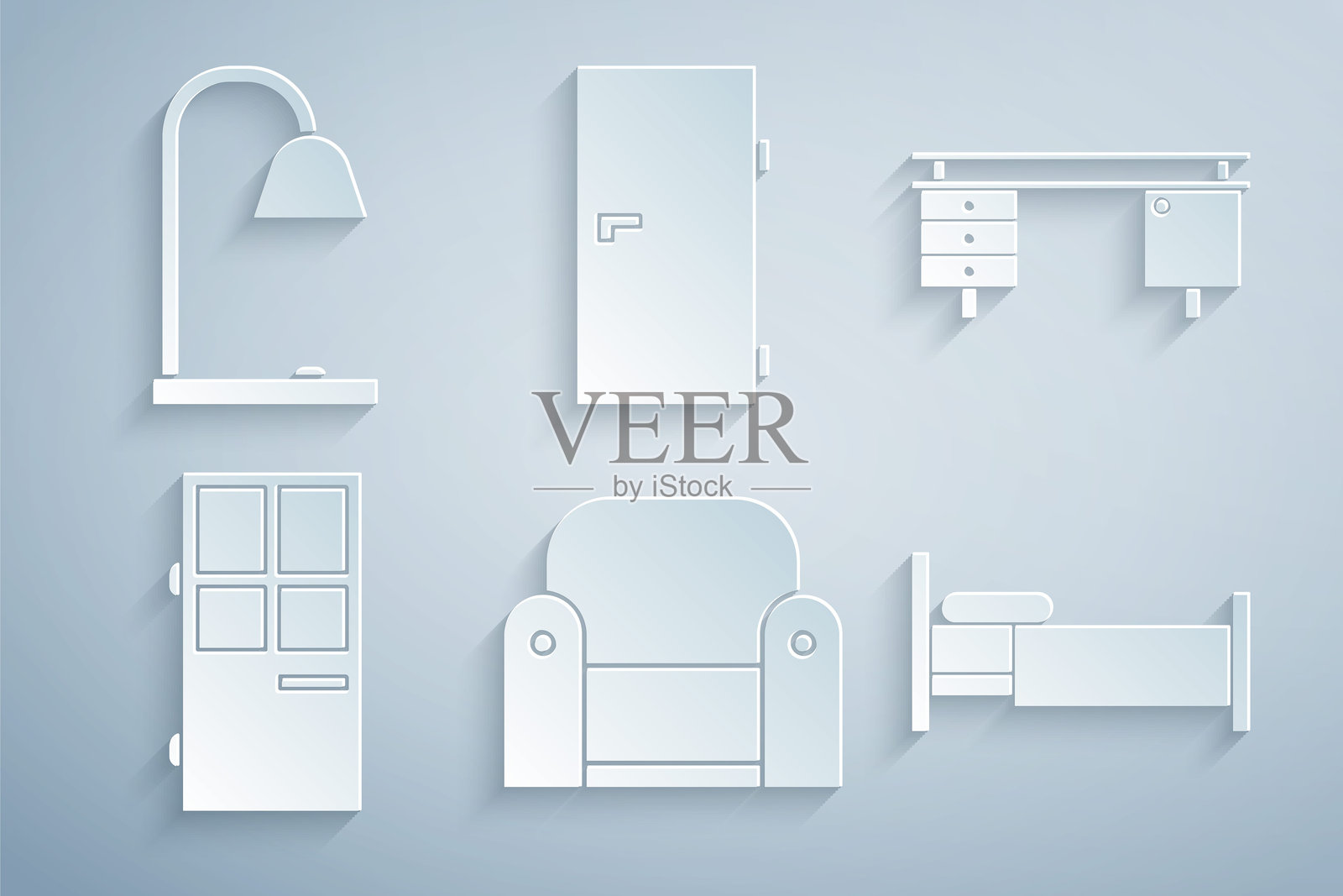 扶手椅、办公桌、关着的门、床和台灯图标。矢量图。插画图片素材