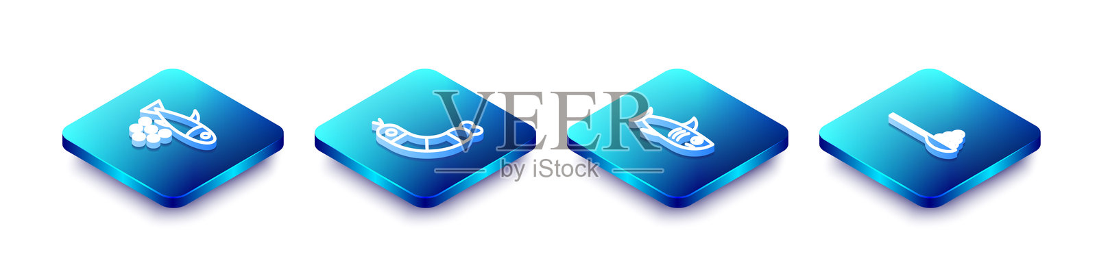 等距线条图标：鱼与鱼子酱、虾、鲨鱼和勺子上的鱼子酱。矢量图。插画图片素材