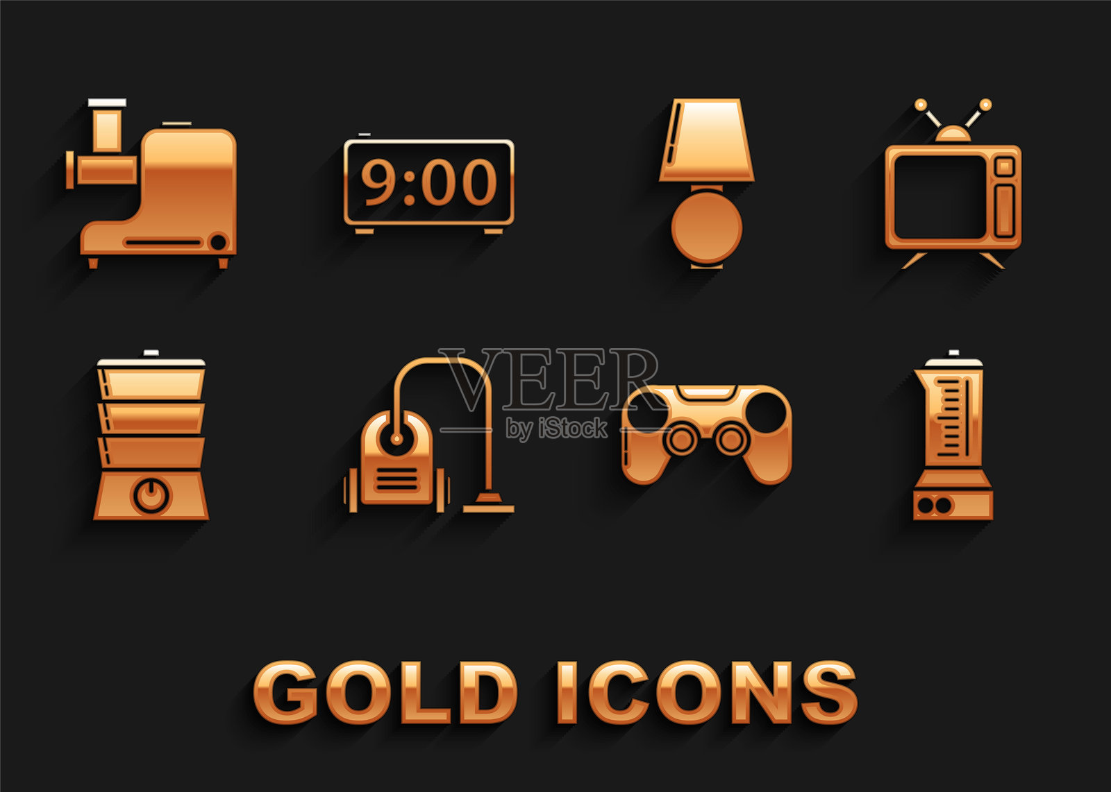 吸尘器、电视、搅拌机、游戏手柄、双层锅、台灯、厨房绞肉机和数字闹钟图标。矢量图。插画图片素材