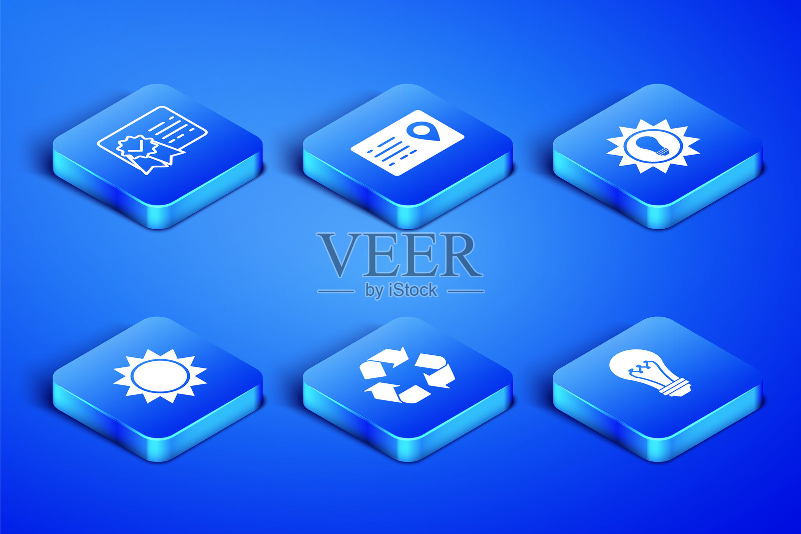 灯泡、证书模板、回收符号、太阳、地址簿和太阳能面板图标。矢量图。插画图片素材