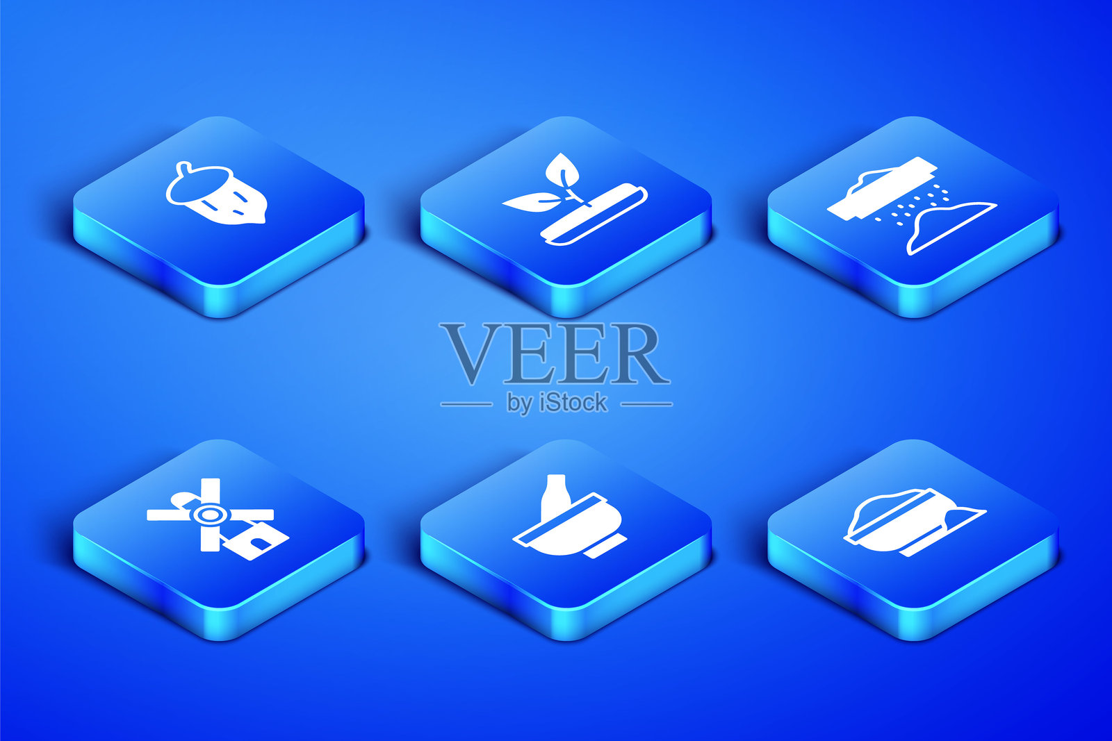 面粉碗、橡子、橡树果、种子、研钵和杵、风车、芽和筛面粉图标。矢量图。插画图片素材