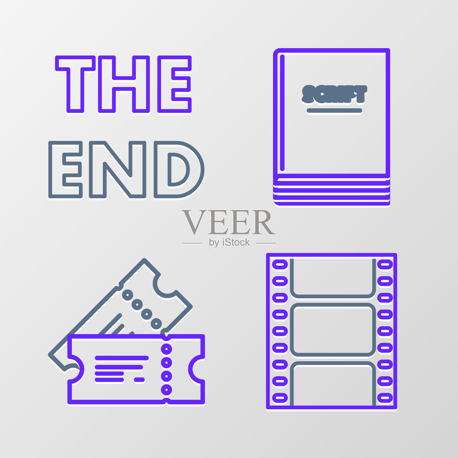 设置线条播放视频、电影票、场景和手写的“结束”图标。矢量图。插画图片素材