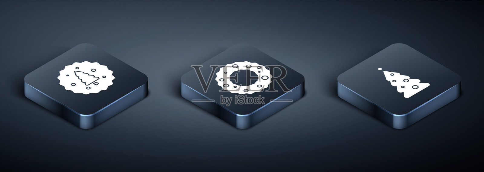 等距饼干或饼干配巧克力，装饰的圣诞树和圣诞花环图标。矢量图。插画图片素材