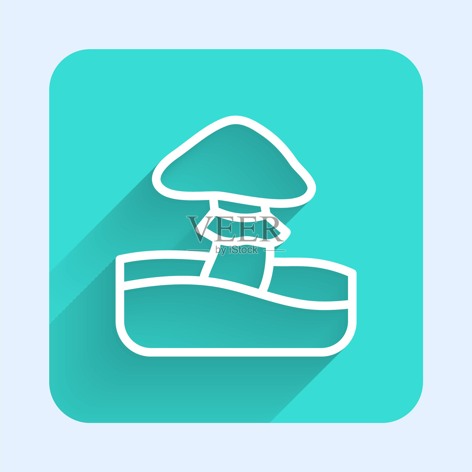 白色蘑菇图标，带有长阴影。绿色方形按钮。矢量图。插画图片素材