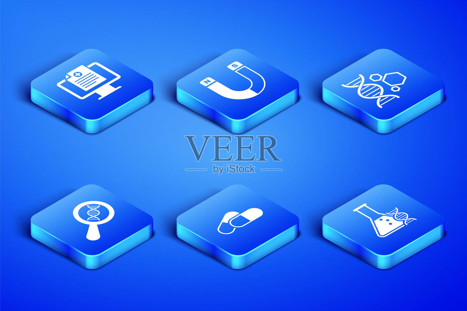 DNA研究、搜索、临床记录在显示器上、药丸、磁铁和基因工程图标。矢量图插画图片素材