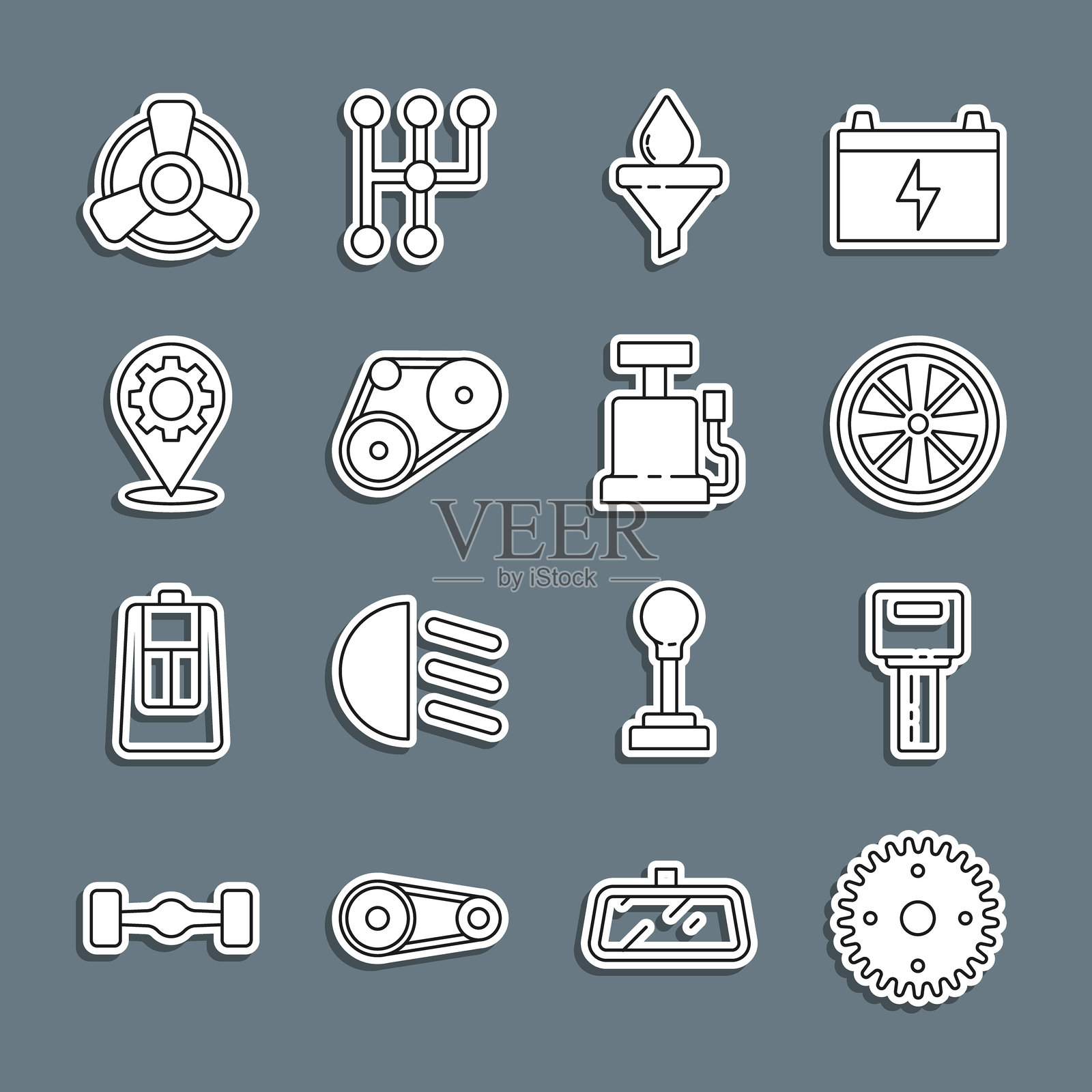 设置线条图标：汽车钥匙带遥控器、合金轮圈、漏斗和油滴、正时皮带套件、服务、马达通风机和空气泵。矢量图。插画图片素材