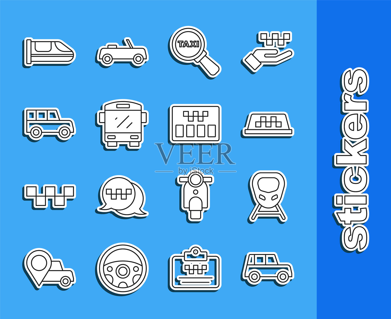 汽车、动车、高速列车、出租车车顶、放大镜与出租车、公交车和计价器图标。矢量图。插画图片素材
