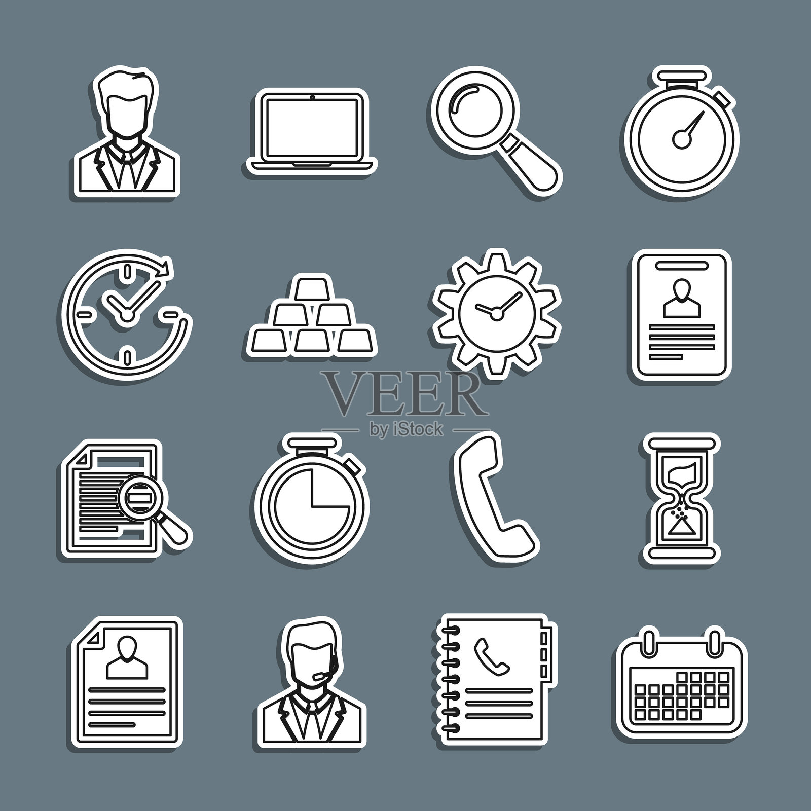 日历线条，古老的沙漏，身份证，放大镜，金条，带箭头的时钟，穿着商务西装的男性用户和时间管理图标。矢量图。插画图片素材