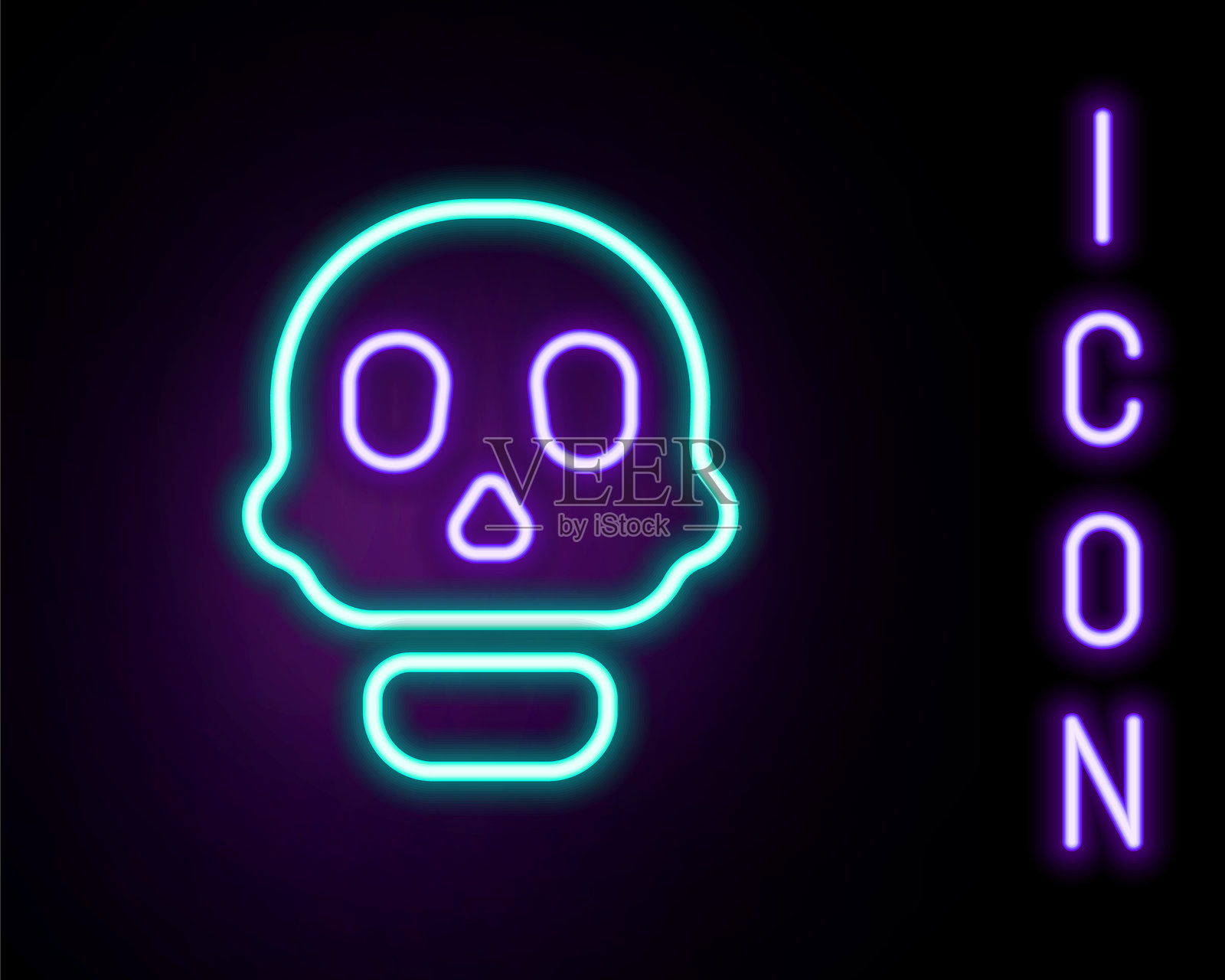 发光的霓虹线骷髅图标，背景为黑色。快乐的万圣节派对。彩色轮廓概念。矢量图。插画图片素材