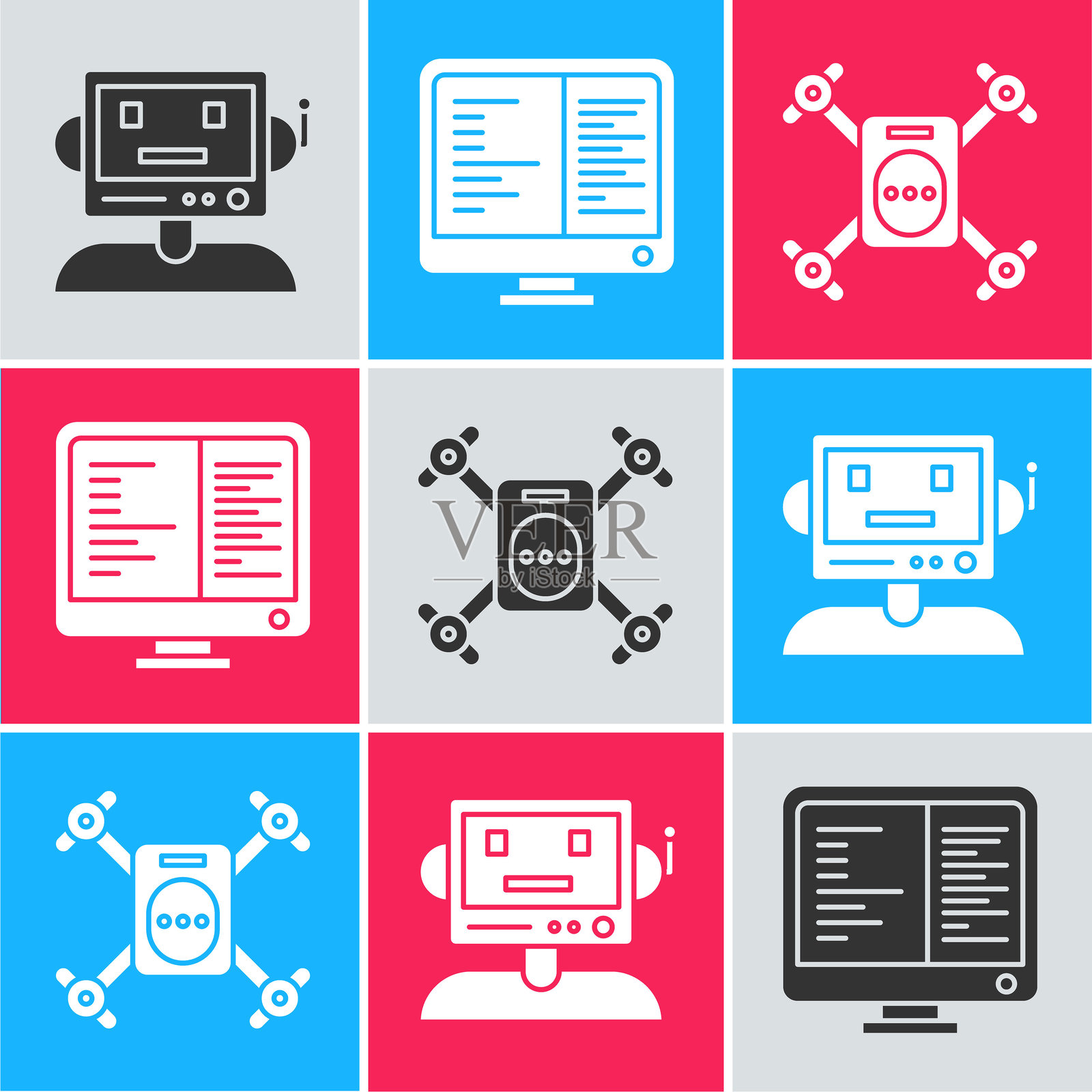 机器人、电脑显示器和带动作相机图标的飞行无人机。矢量图。插画图片素材