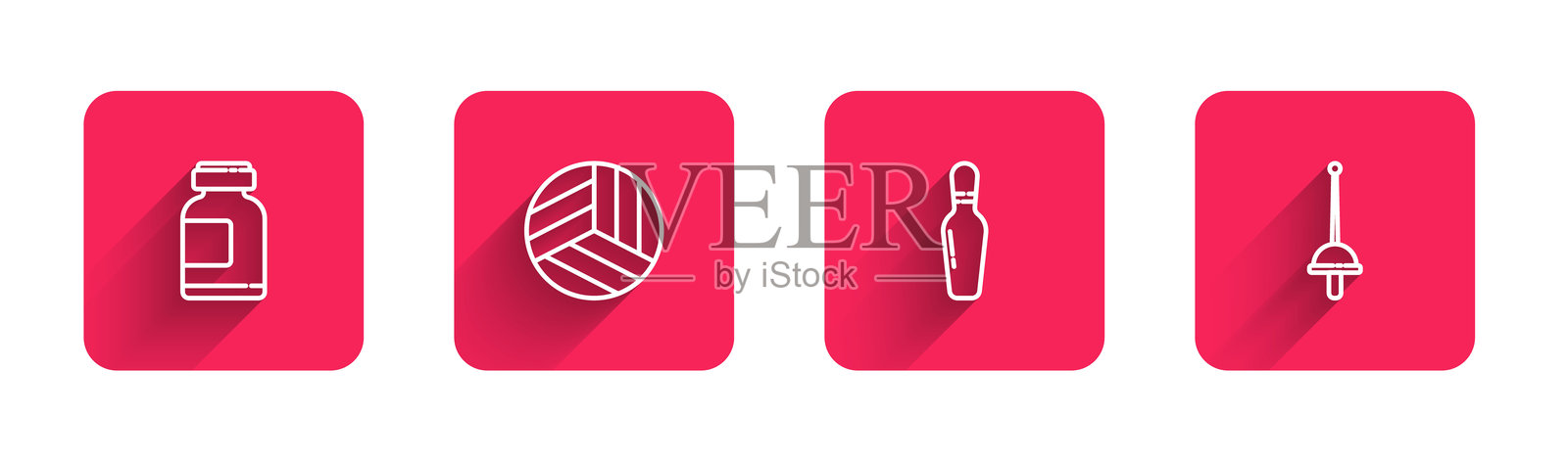 运动营养、排球、保龄球瓶和带长阴影的击剑。红色方形按钮。矢量图。插画图片素材