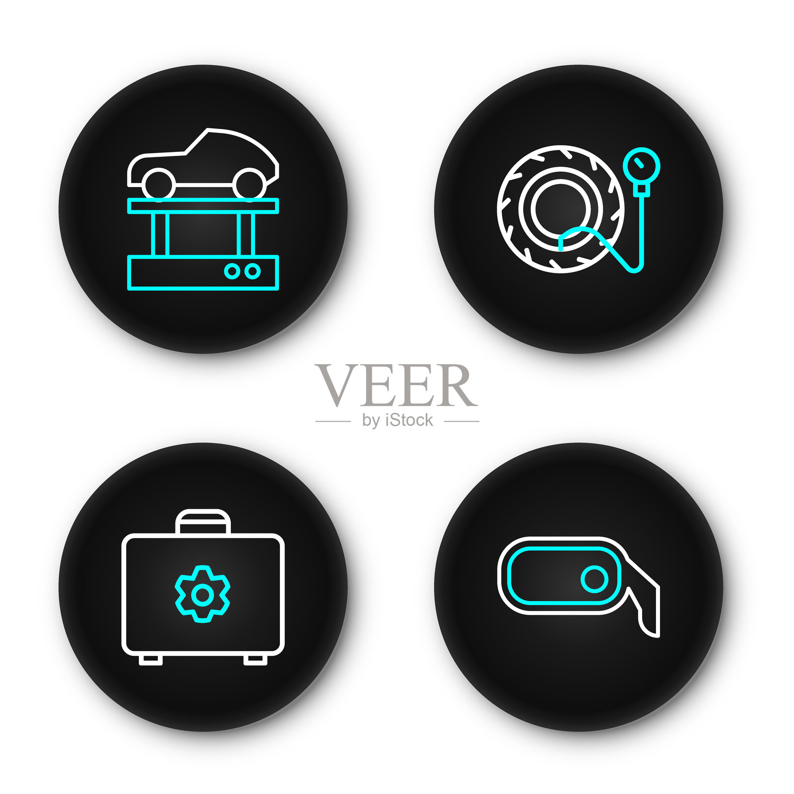 设置线条汽车后视镜、工具箱、胎压计和修理升降机图标。矢量图。插画图片素材