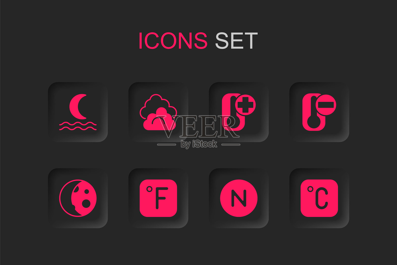 设置华氏温度、云、夜雾或烟、指南针北、温度计、摄氏度和月相图标。矢量图。插画图片素材