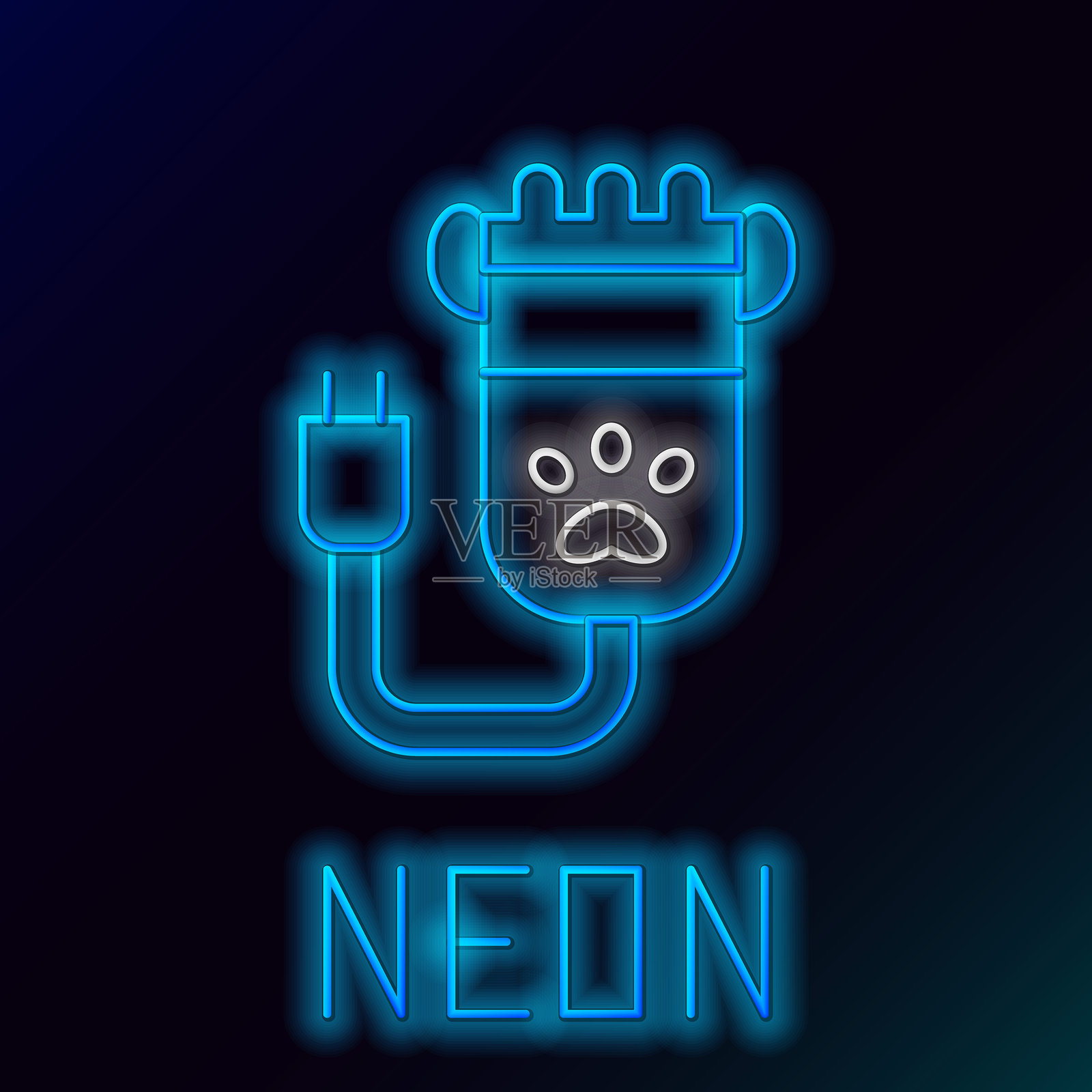 发光的霓虹线条宠物美容理发器配件图标，黑色背景下的彩色轮廓概念。插画图片素材