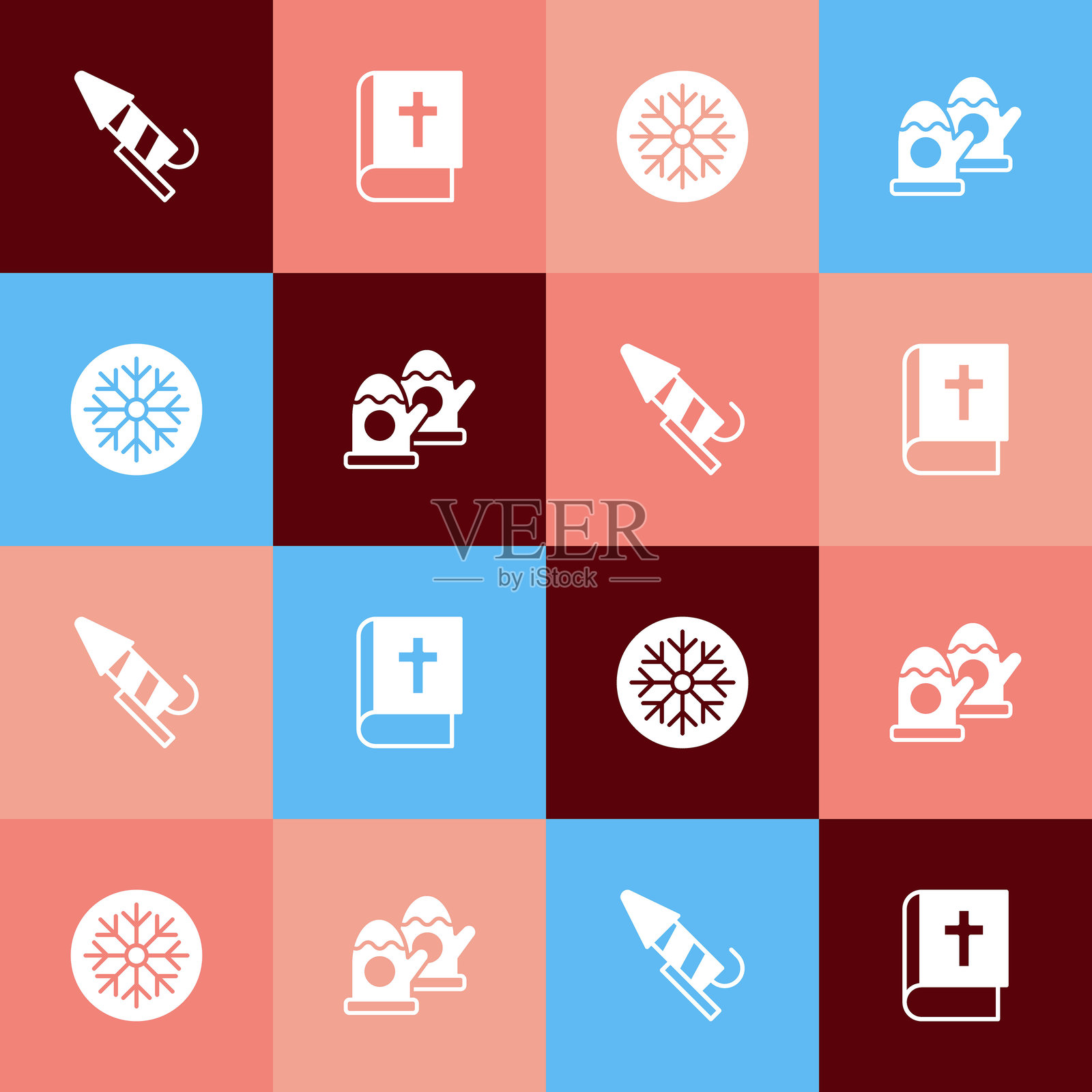 流行艺术风格的烟花火箭、圣经书籍、雪花和圣诞手套图标。矢量图。插画图片素材