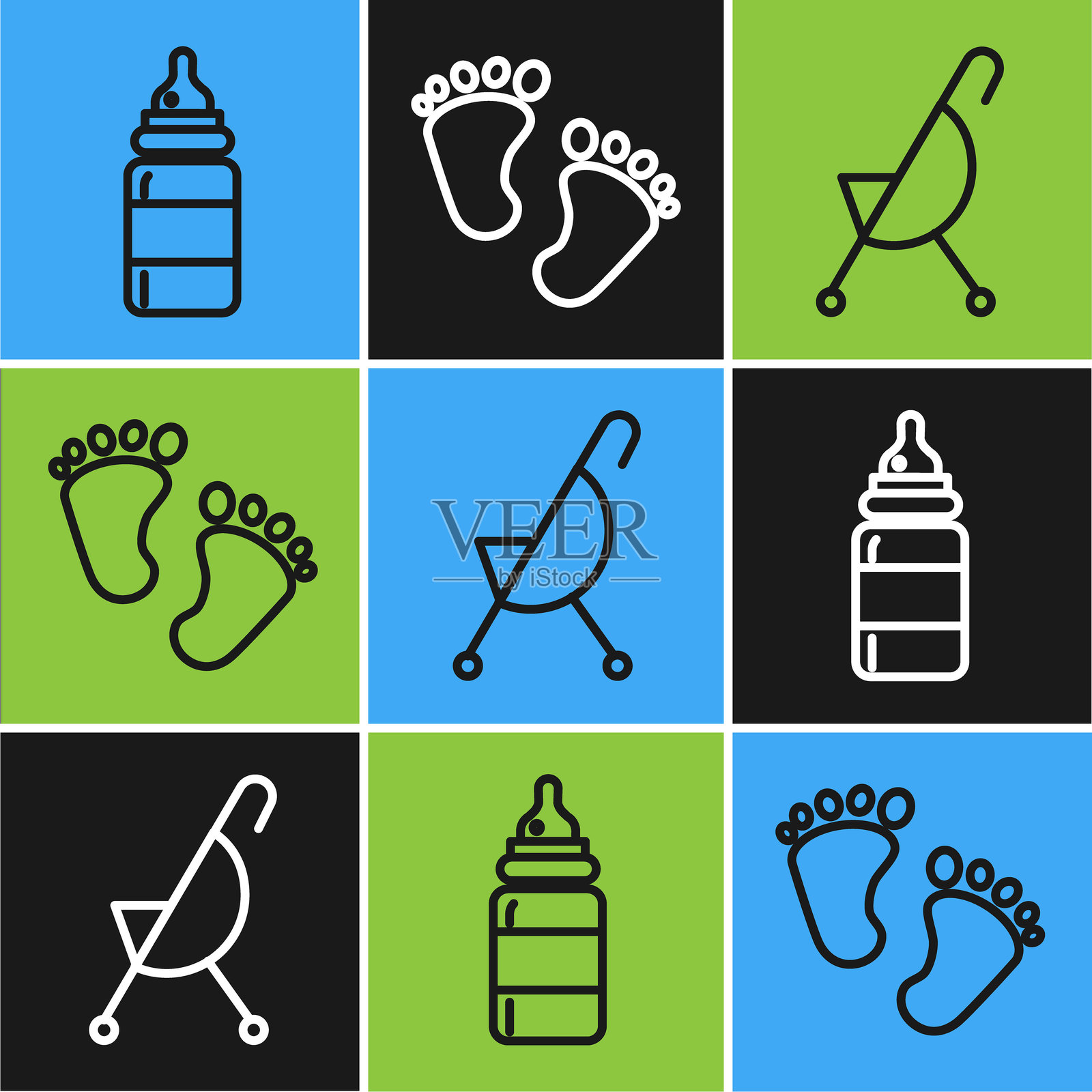 婴儿奶瓶、婴儿推车和婴儿足迹图标。矢量图。插画图片素材