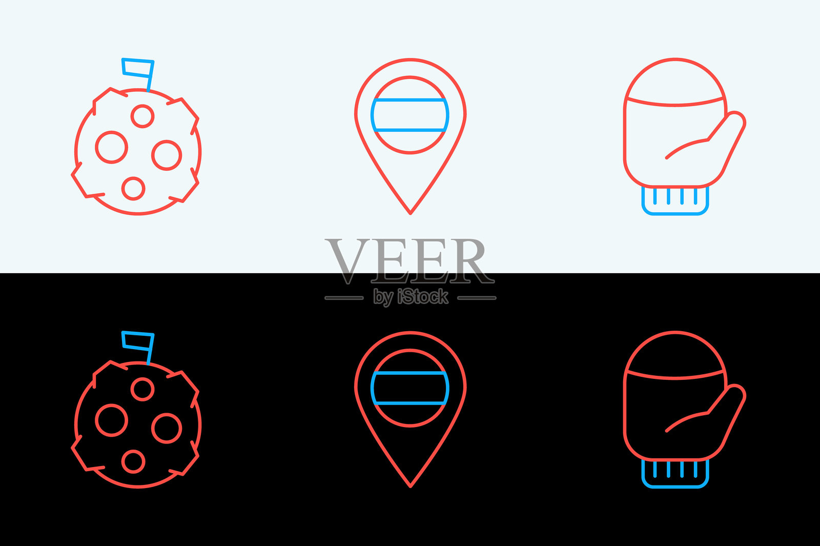 圣诞手套线条图标、带旗帜的月亮和俄罗斯位置图标。矢量图。插画图片素材