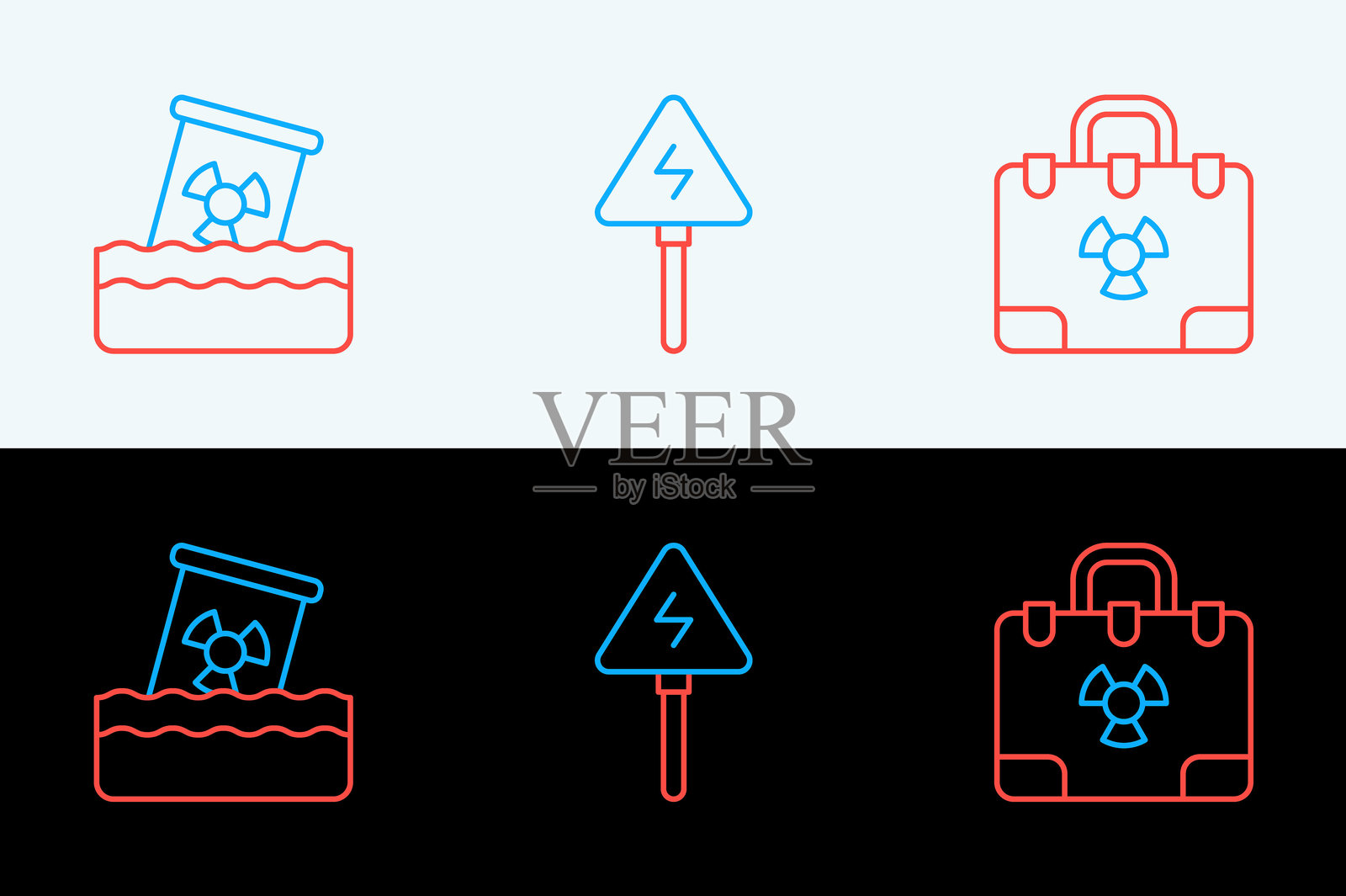 核辐射行李箱、桶装放射性废物和高压标志图标。矢量图。插画图片素材