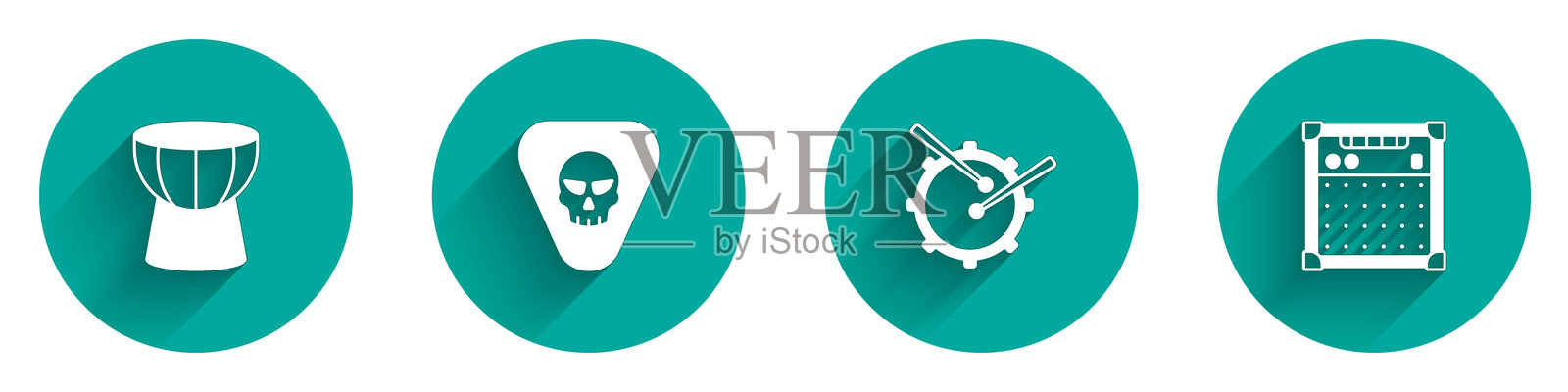 非洲达尔布卡鼓、吉他拨片、带鼓棒的鼓和带长阴影的放大器图标。矢量图。插画图片素材