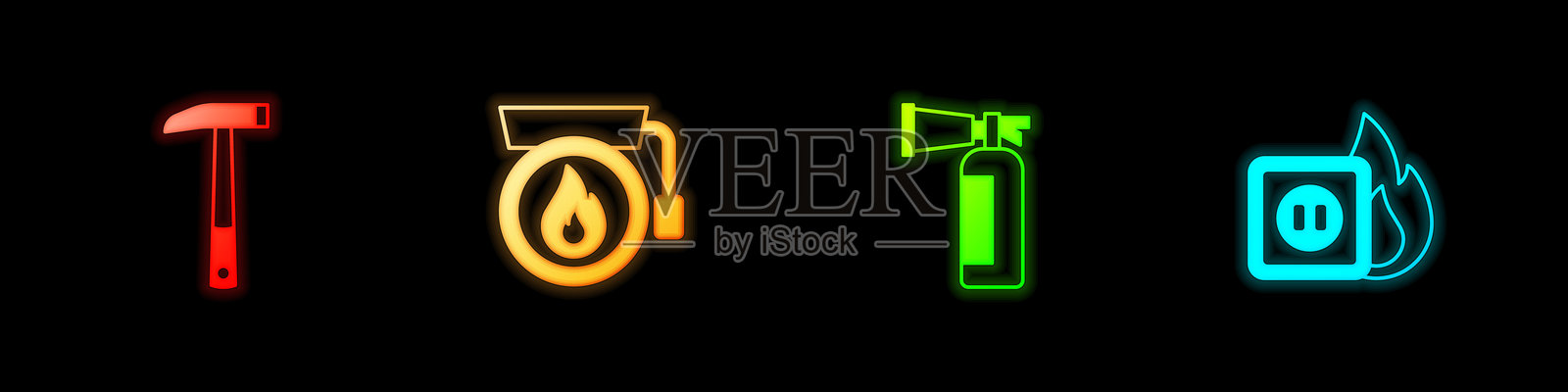 消防斧、响铃警报器、灭火器和电源插座火灾图标。矢量图。插画图片素材